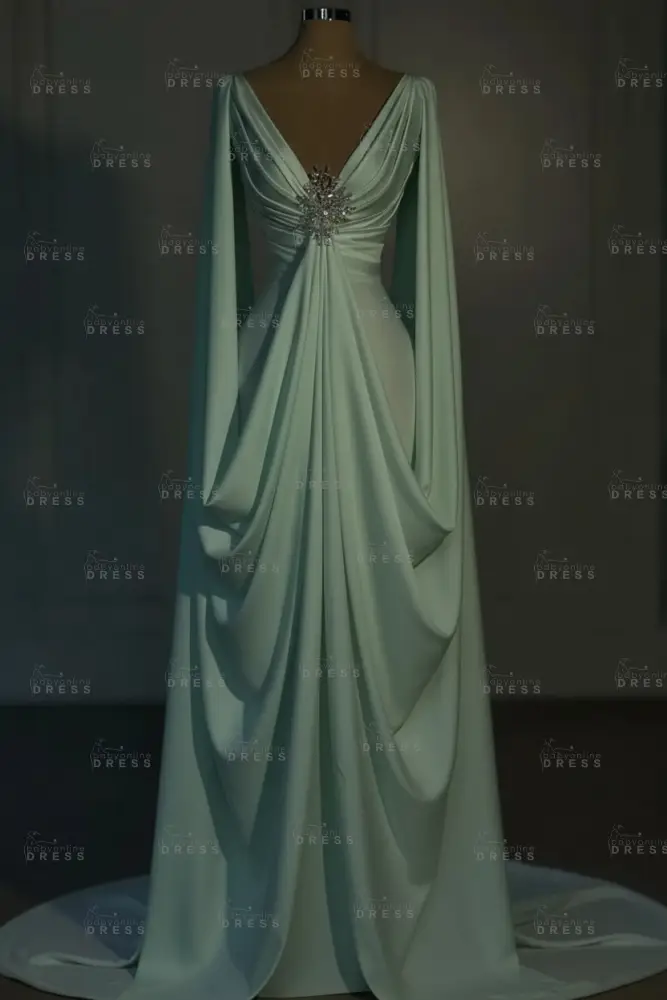 Long sleeves V-neck Satin Ruffles Mermaid Prom Dresses Floor-Length