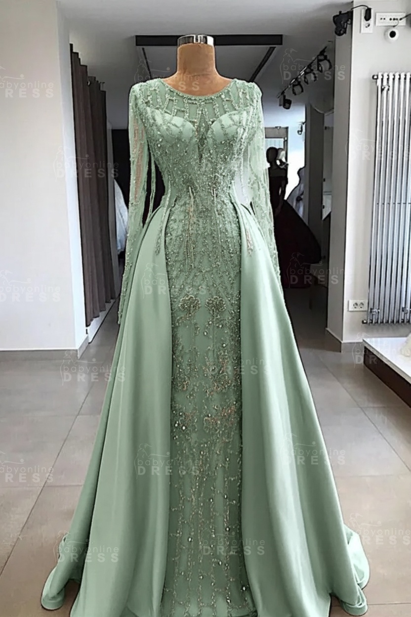 Shining Beaded Long Sleeves Round Neck Prom Dresses With Over Skirt | A Line Evening Gowns