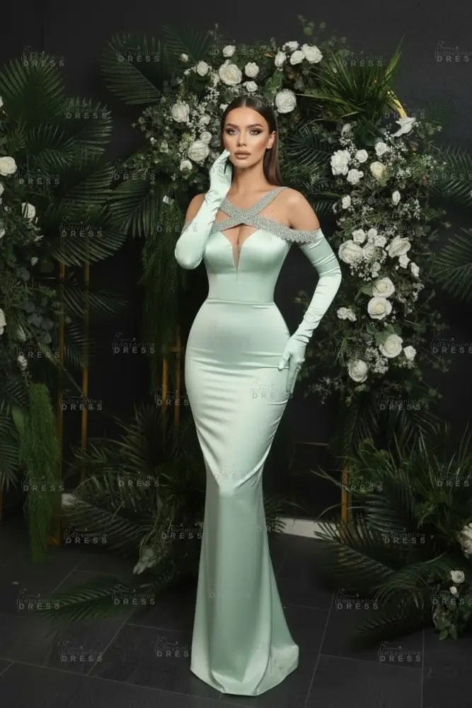 Spaghetti Straps Crystals Column Satin Prom Dresses Floor Length