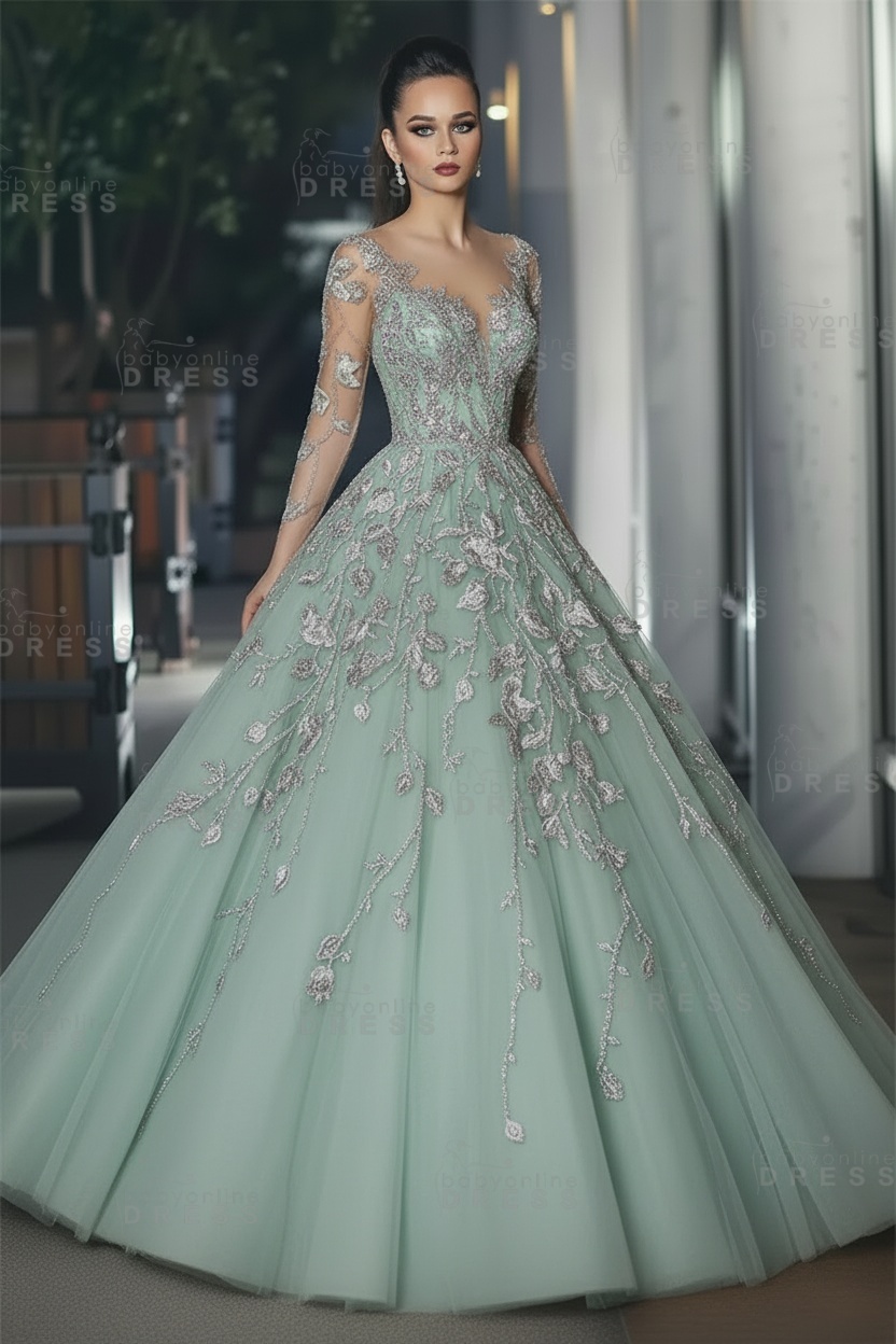 Stunning Illusion Long Sleeve Sexy Evening Gowns | A-line Lace Appliques Tulle Prom Dress