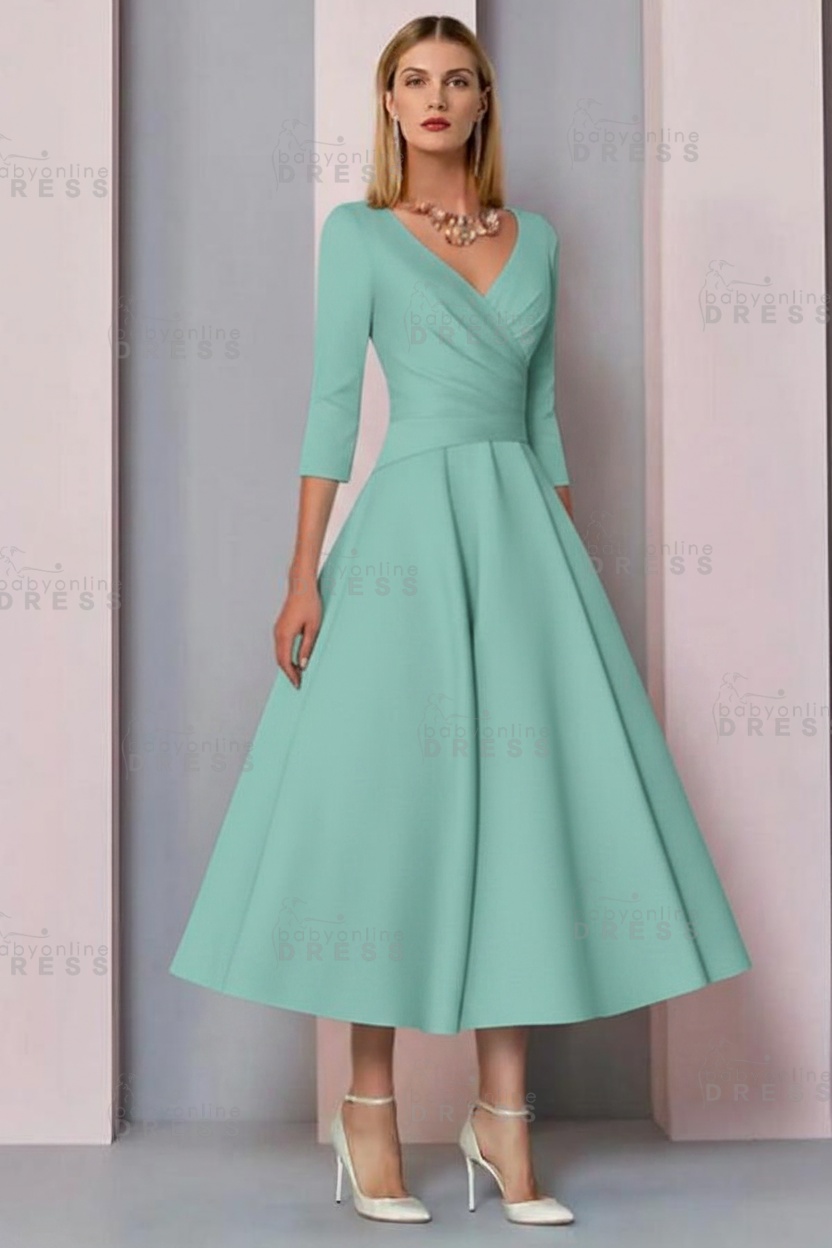 Half Sleeves White Ankle Length Mother of the Bride Dress V-Neck Satin Wedding Guest Dress