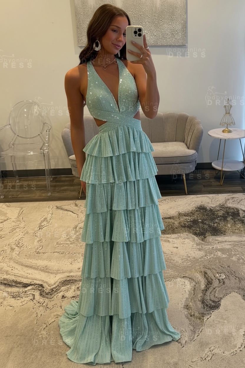 Halter Aline Prom Dress Sequined V-Neck High Split Evening Dress Long