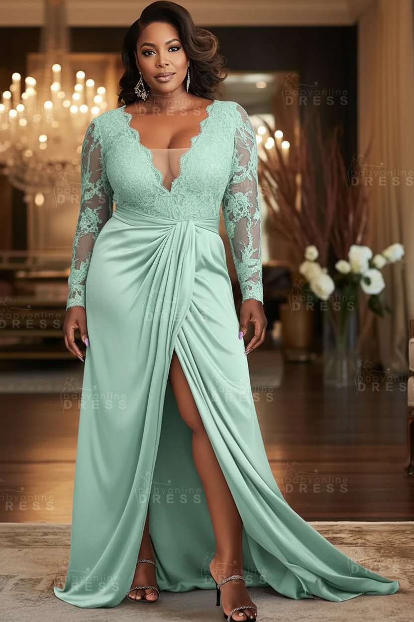 V-neck Appliques Lace Long Sleeve A-Line Prom Dresses with Slit
