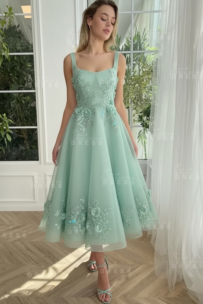 Burgundy Ankle length square neck Homecoming Dress Tulle Aline Formal Dress