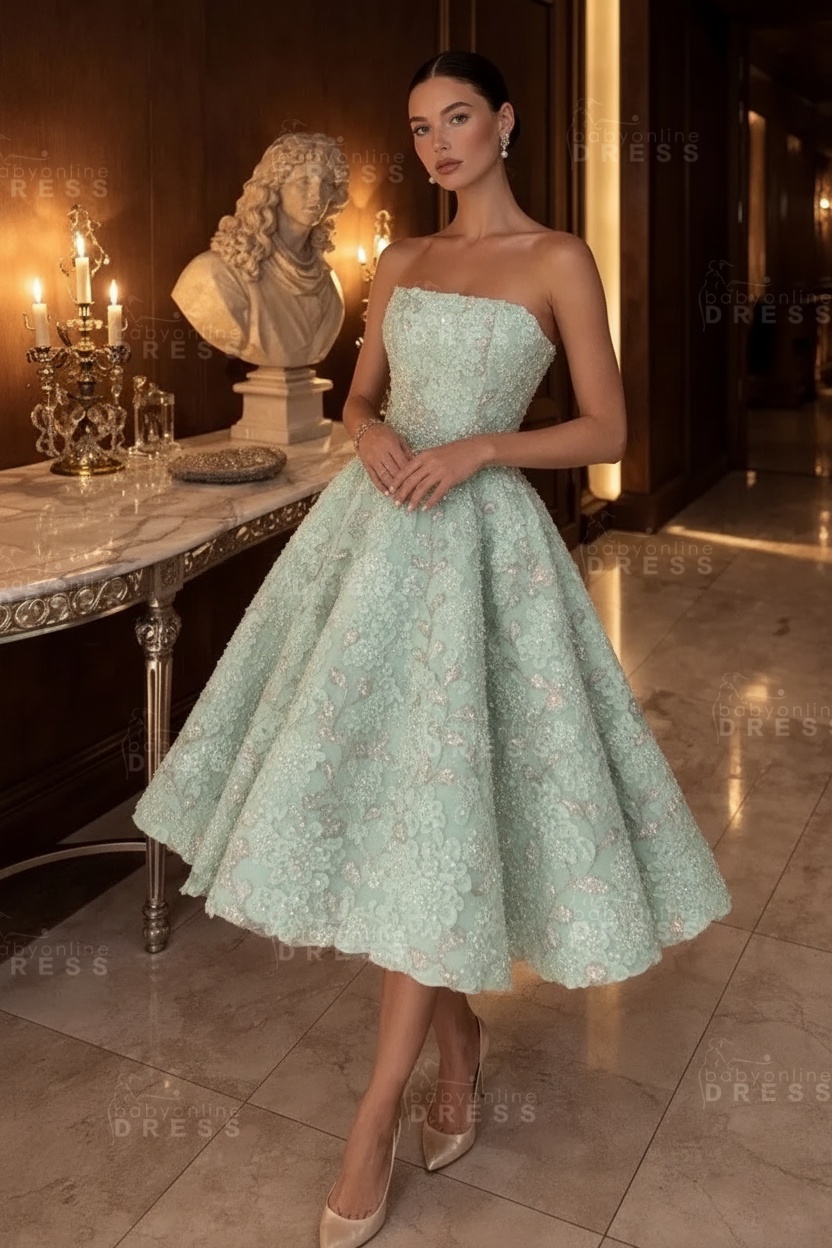 Strapless Yellow Floral A-Line Tea Length Prom Dress with Beadings