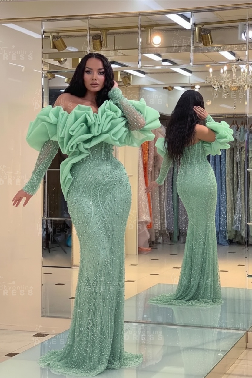 Bubble Sleeves Long Mermaid Prom Dress with Sequins and Beadings
