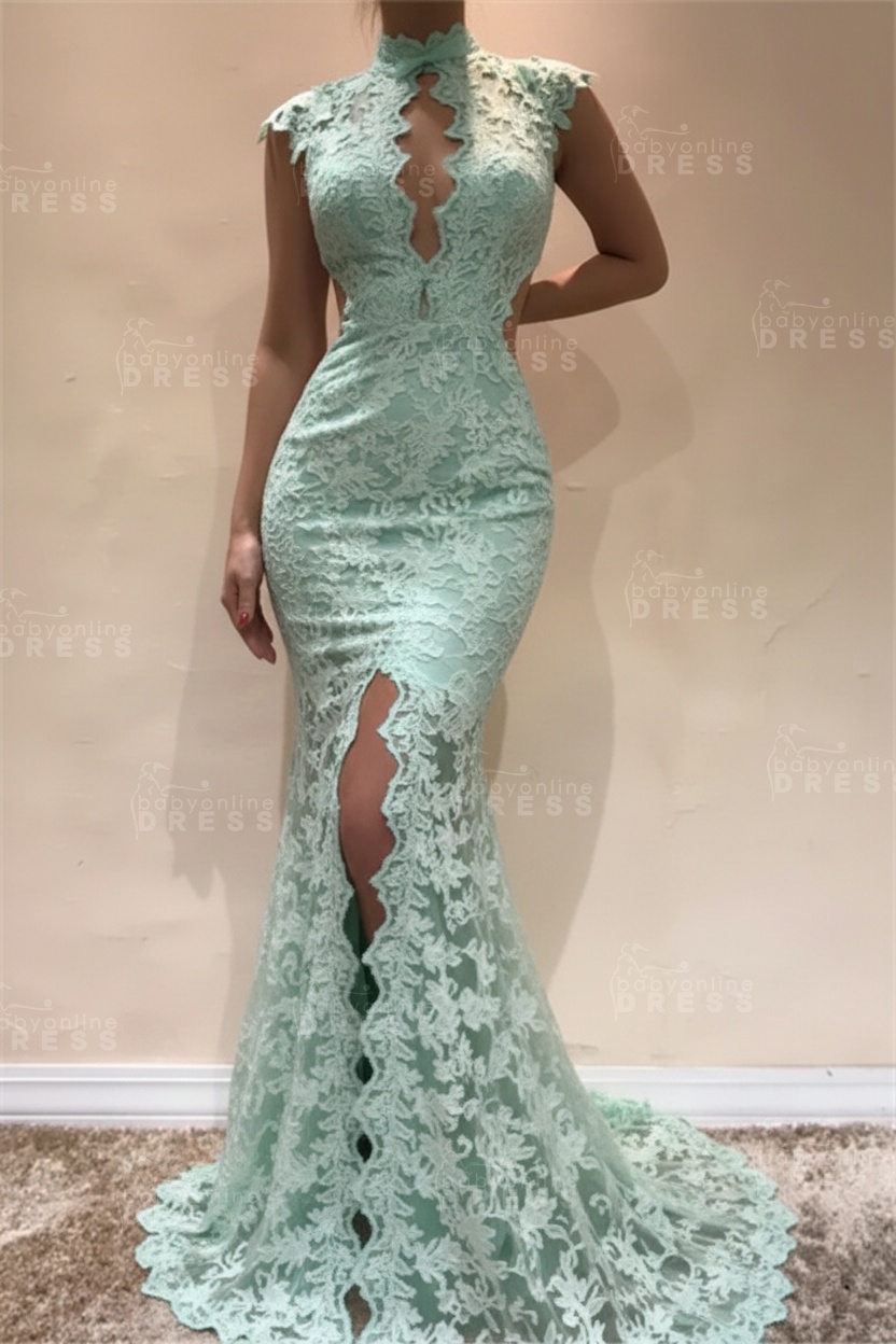 Sleeveless Front Split Evening Dresses | Black High Neck Lace Sexy Prom Dresses