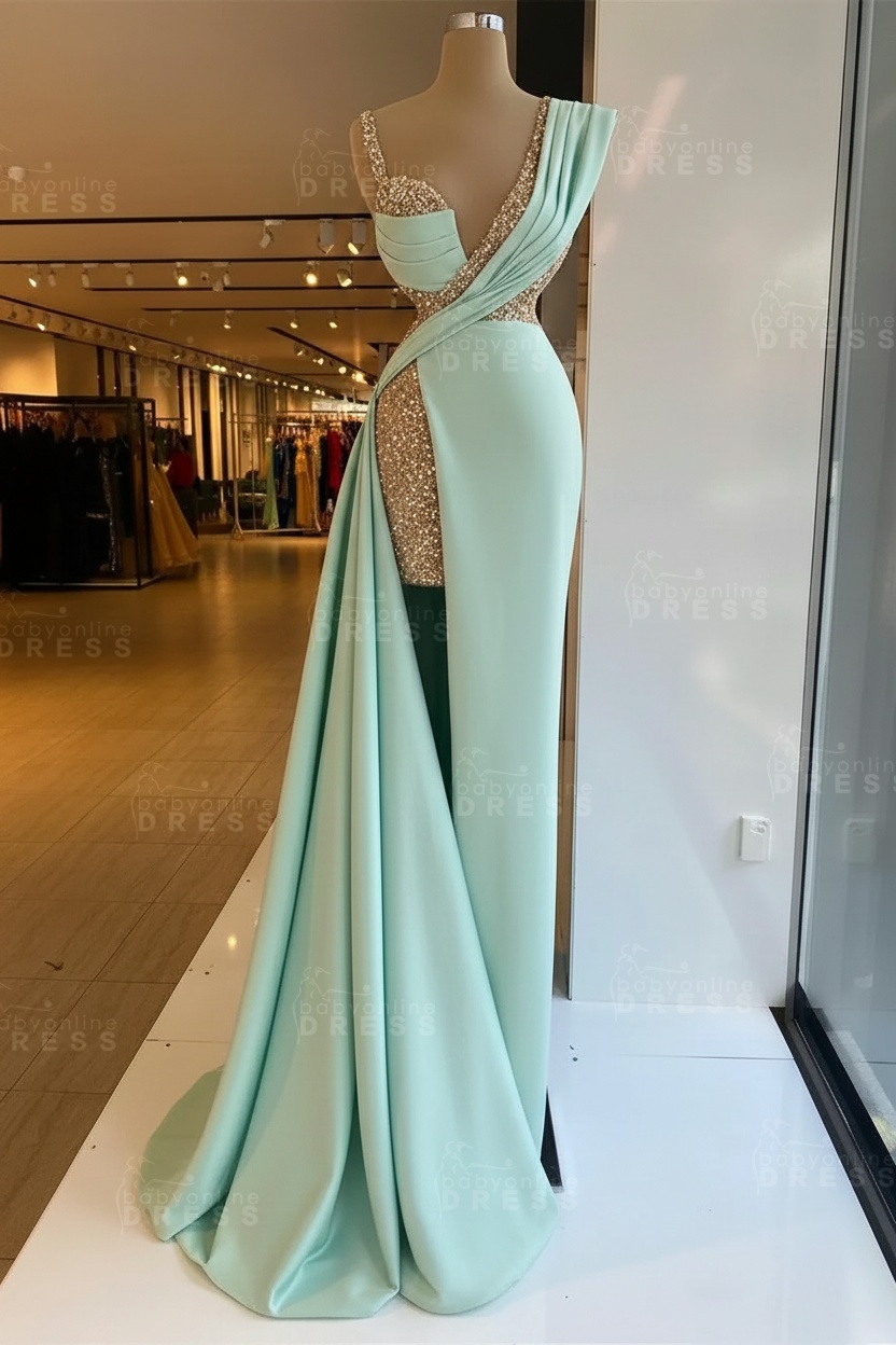 Luxury Satin Prom Dress Sleeveless with Sequins Sleeveless Evening Gown