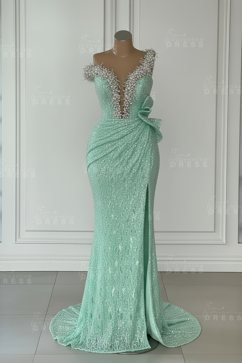 One Shoulder Sequins Sleeveless Long Mermaid Prom Dress