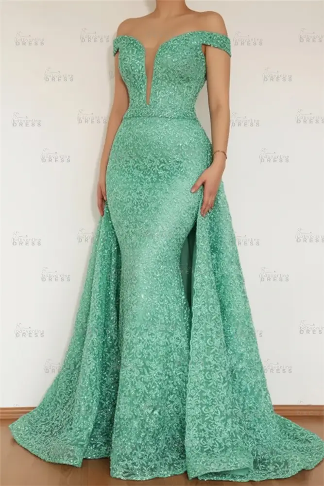 Burgundy Glamorous Mermaid Off The Shoulder Lace Appliques Prom Dress With Detachable Skirt
