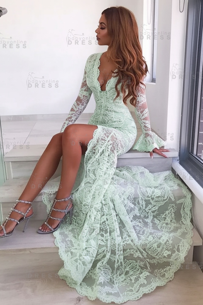 Sexy Long Sleeve V-Neck Prom Dress | Lace Evening Party Dress With Slit