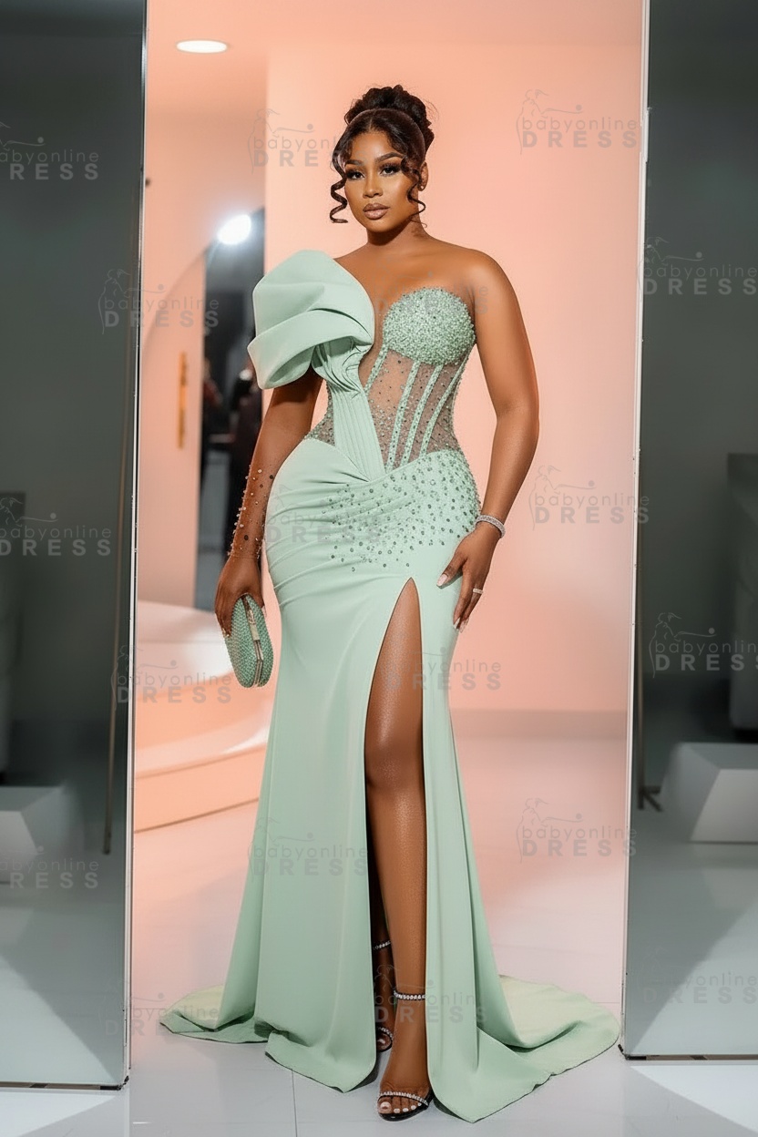 One-Shoulder Long Sleeves Corset Beadings Mermaid Prom Dress with High Split