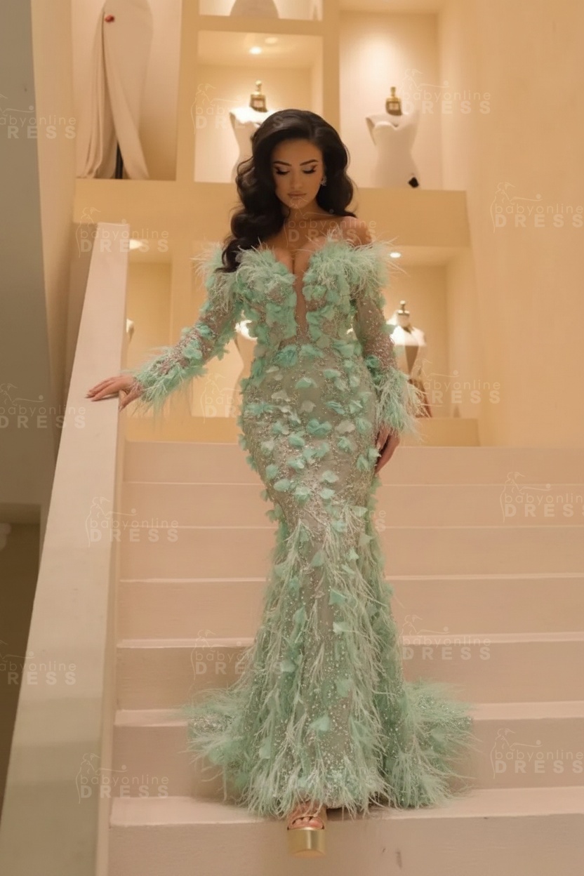 V-neck Long Sleeves Mermaid Evening Dresses Floor Length with Flowers