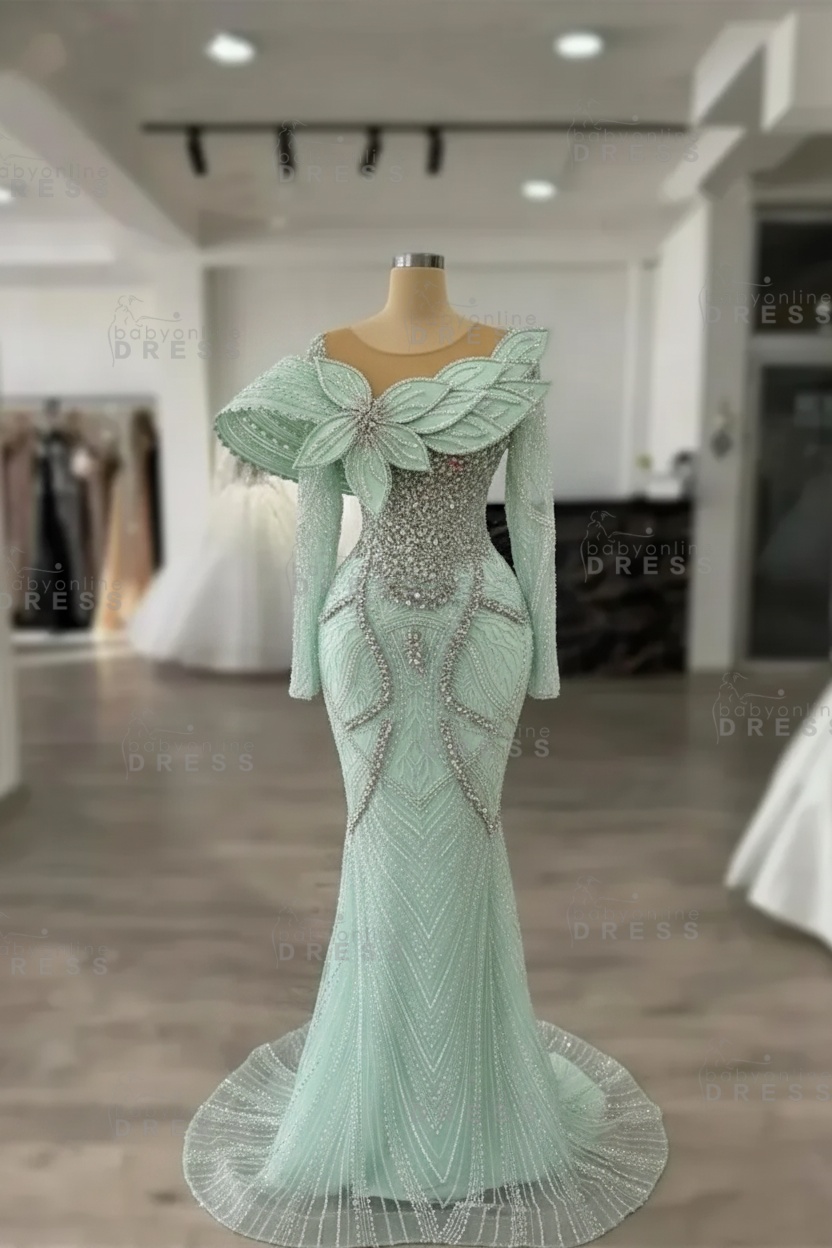 Luxury Crystals Long Sleeves Floor-Length Mermaid Prom Dress with Flowers 