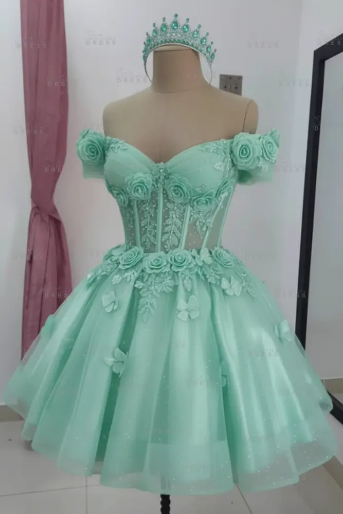 Mint Sparkly Off Shoulder Tulle Homecoming Dresses Short