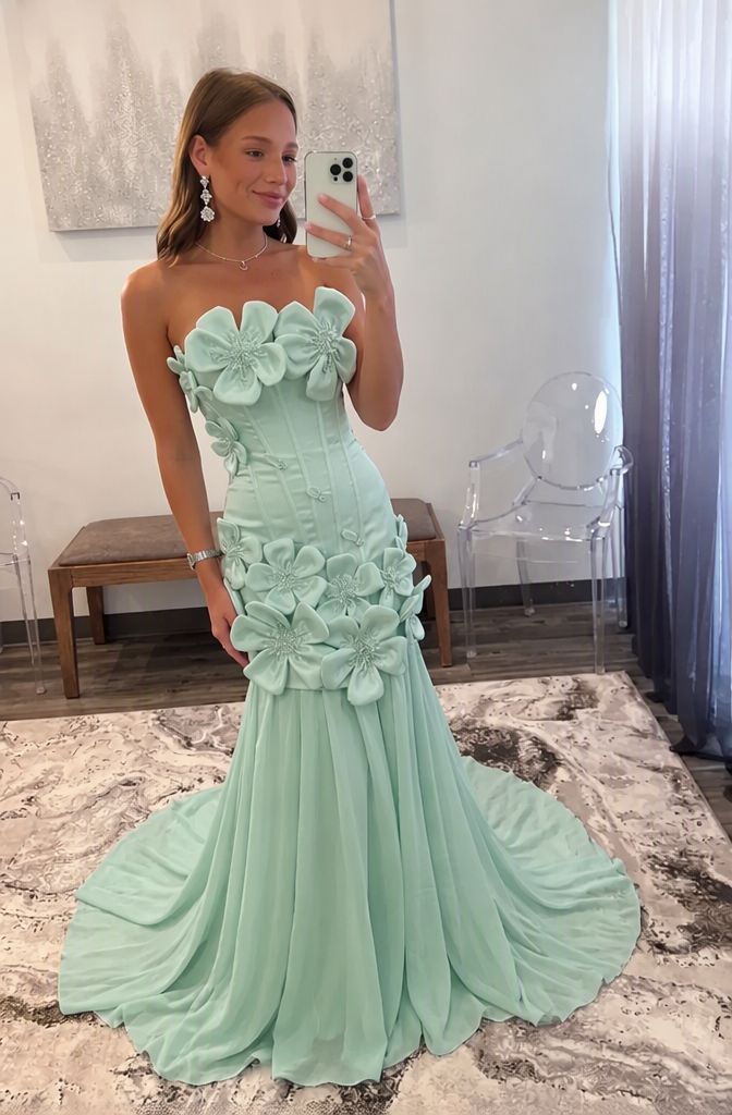 Mint Satin Bodycon Prom Dress with 3D Floral Appliques