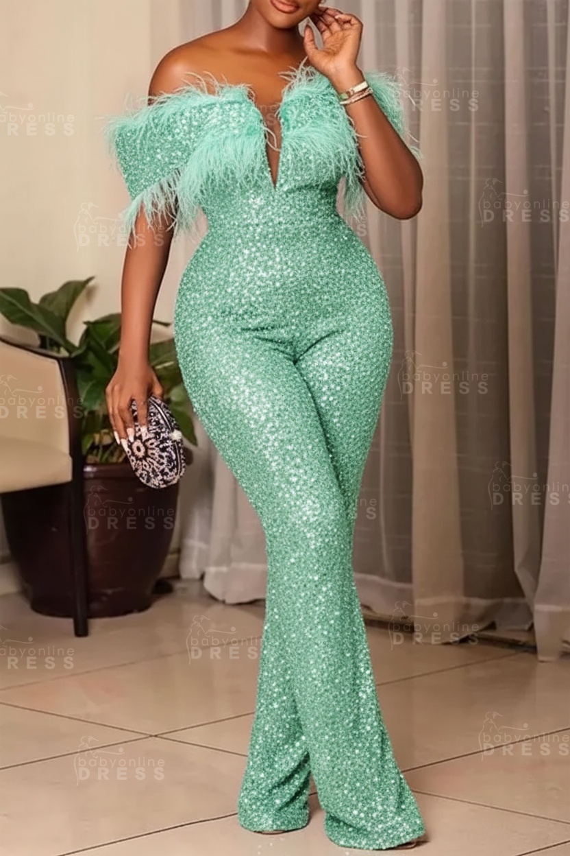 Plus Size Off Shoulder Sequin Women Jumpsuit Black Long Party Jumpsuits