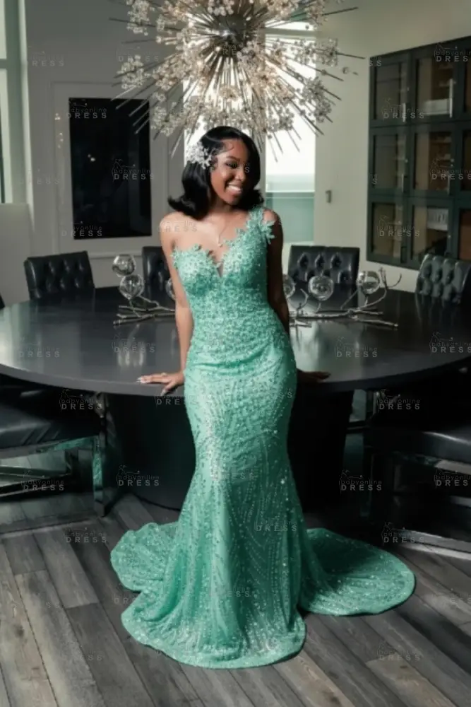 Strapless Dark Green Mermaid Prom Dress with Beadings