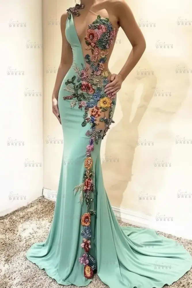 Amazing One-Shoulder Floral Pattern Beadings Floor-Length Mermaid Prom Dress 