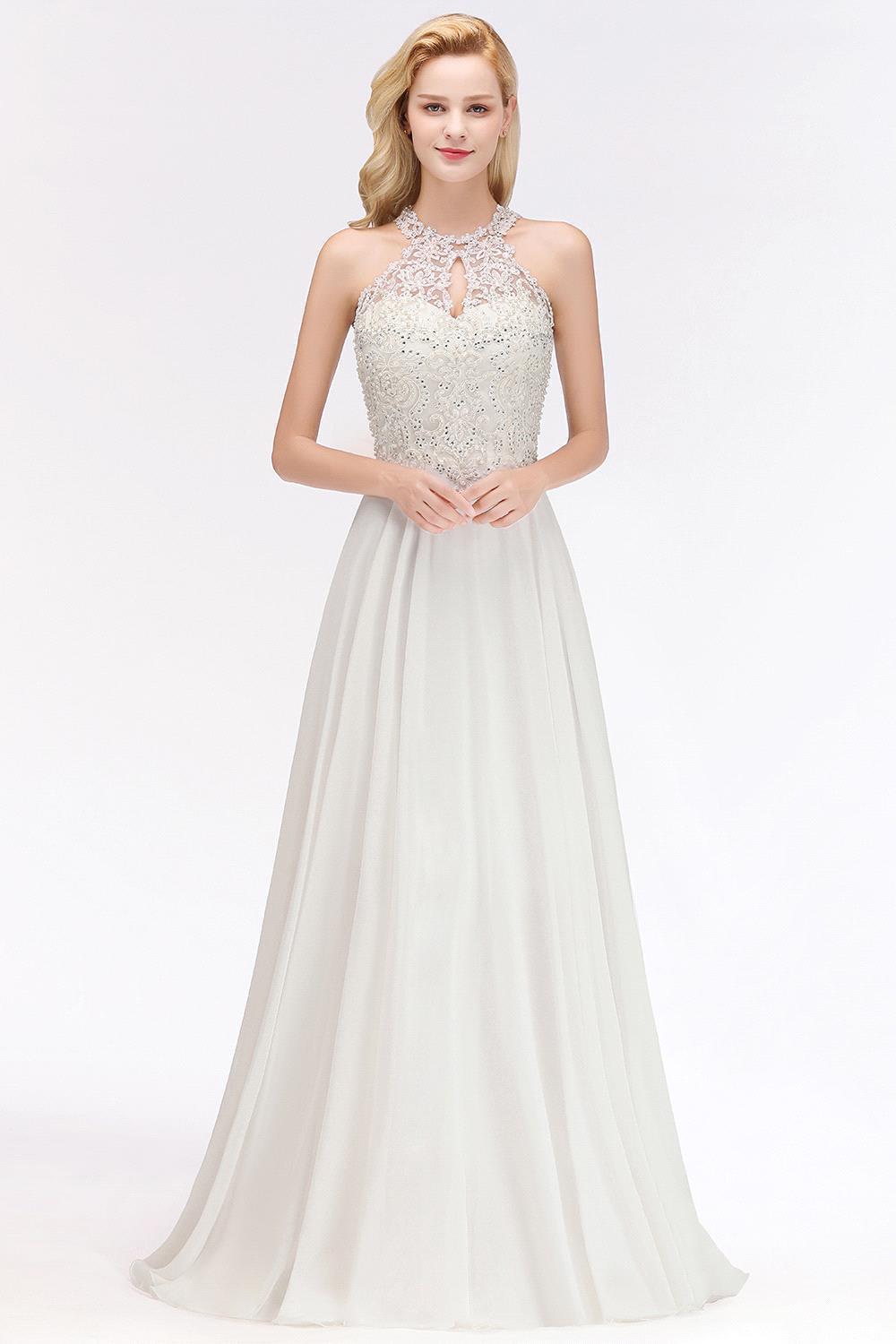 Modest Pink Pears Beaded A-line Halter Bridesmaid Dresses