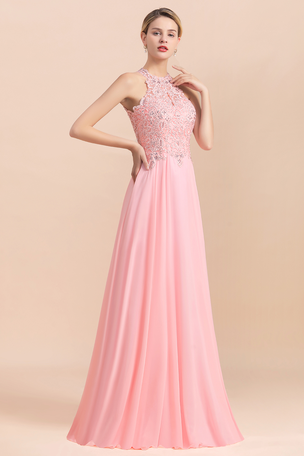 Modest Pink Peals Beaded A-line Halter Bridesmaid Dresses