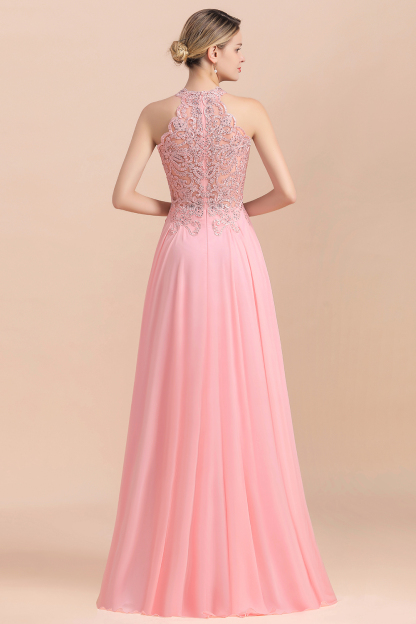 Modest Pink Pears Beaded A-line Halter Bridesmaid Dresses