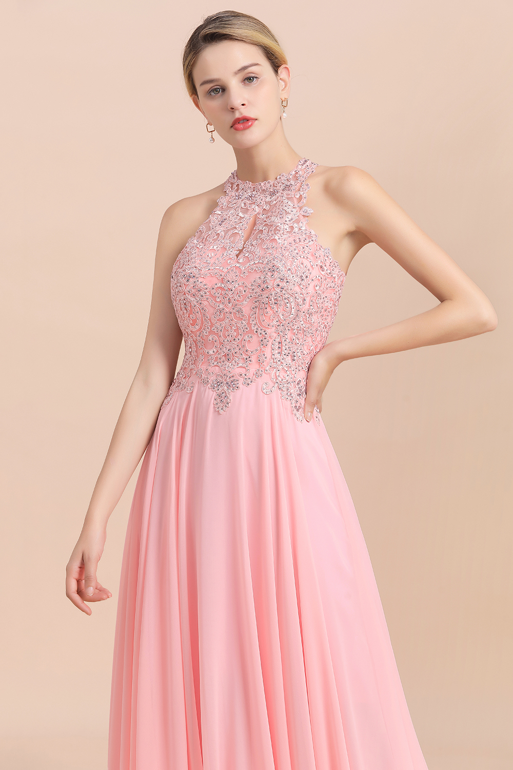 Modest Pink Pears Beaded A-line Halter Bridesmaid Dresses
