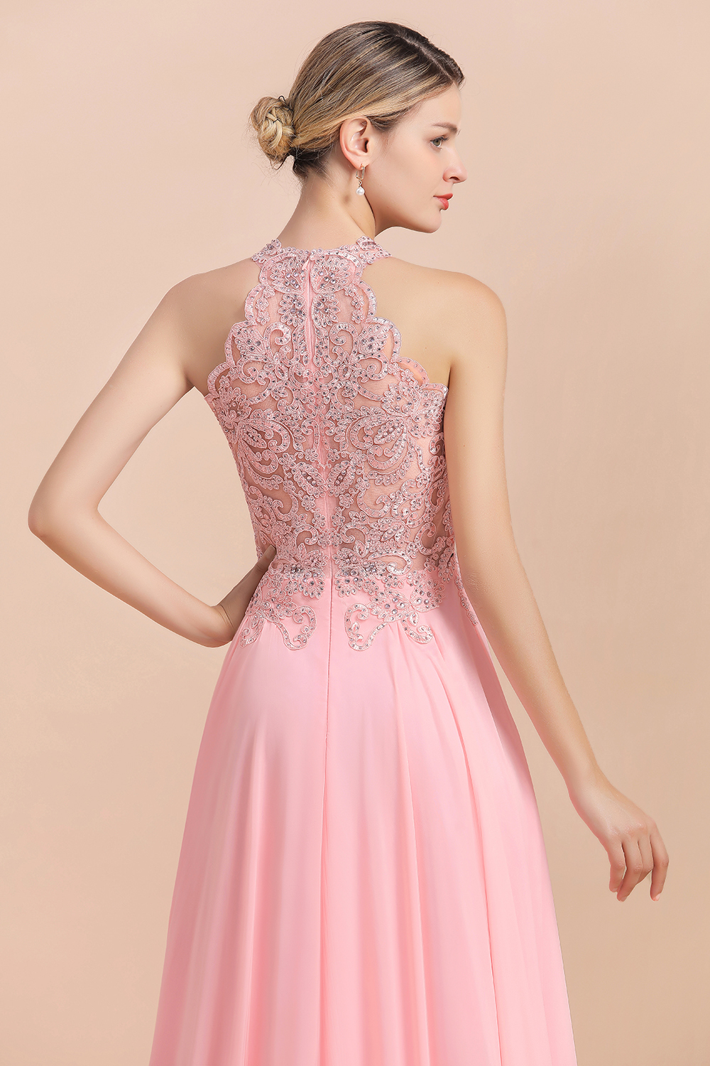 Modest Pink Peals Beaded A-line Halter Bridesmaid Dresses