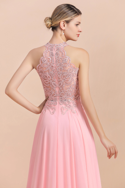 Modest Pink Peals Beaded A-line Halter Bridesmaid Dresses