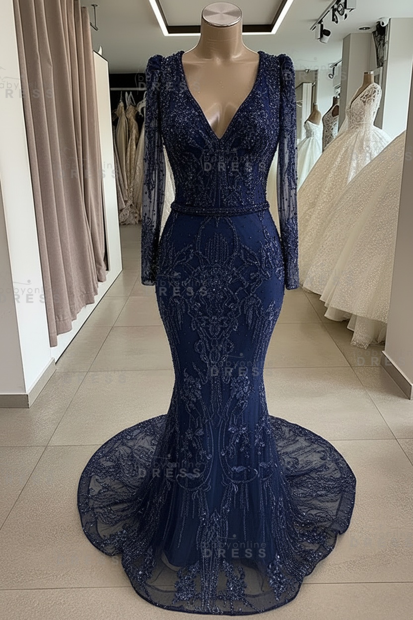 Gorgeous Mermaid Lace Beading V Neck Long Sleeves Prom Dresses | Evening Gowns With Beading Waistband