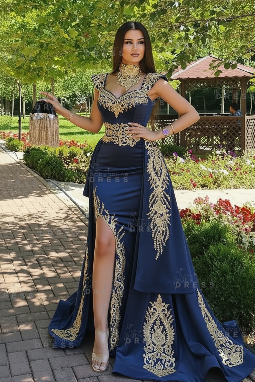 Dark Green Velvet Mermaid Evening Dress with Gold Lace appliques