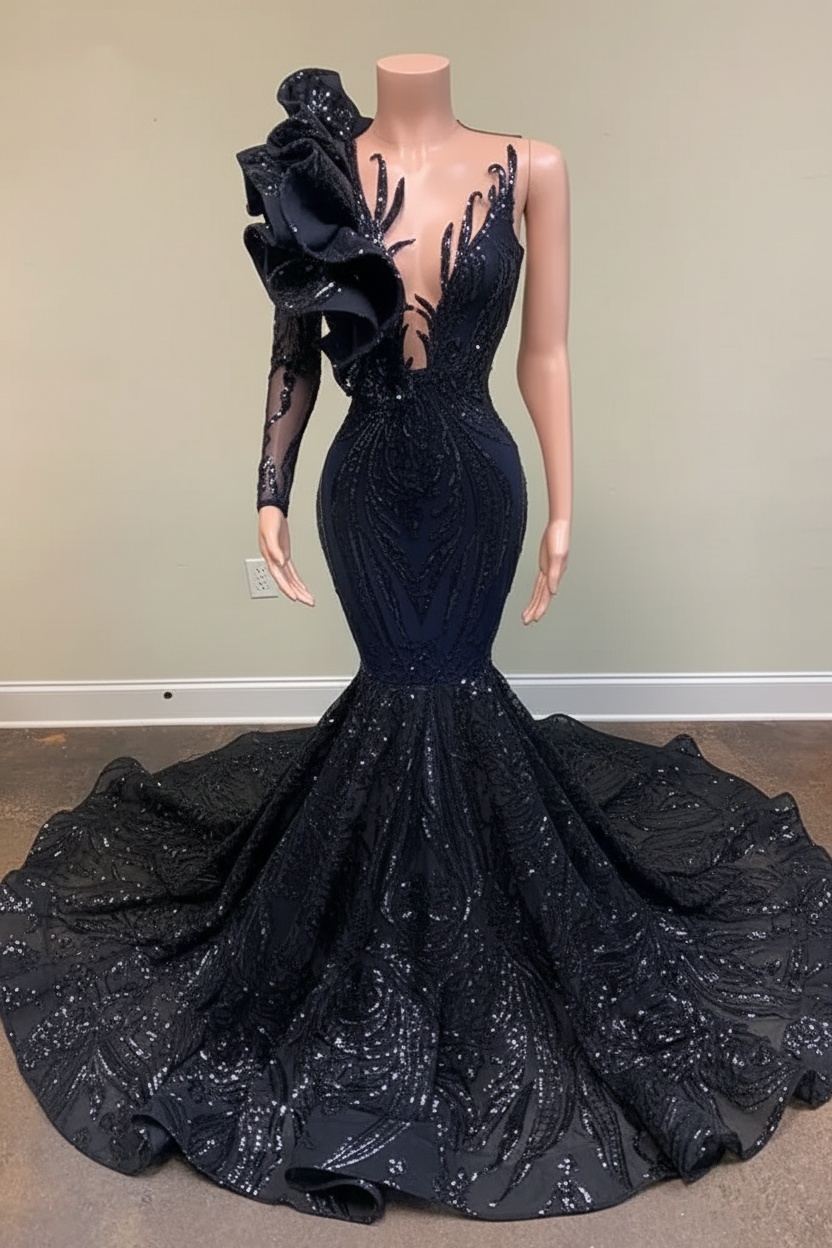Chic Black Long Sleeve Asymmetrical Floor Length Mermaid Prom Dress