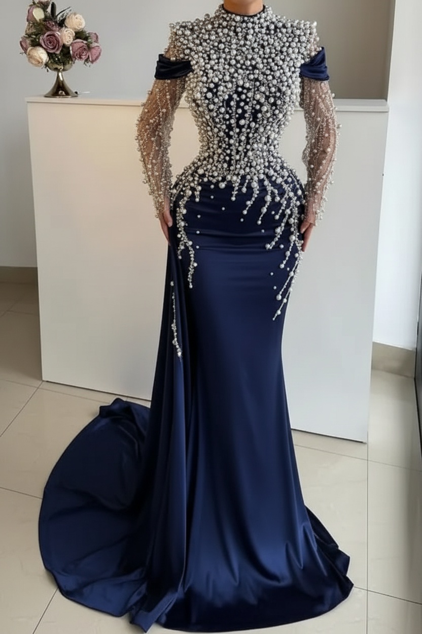 Unique High Neck Beading Long Sleeve Mermaid Prom Dresses