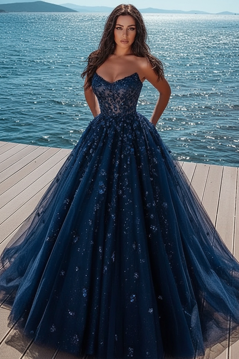 Elegant sky blue Butterfly Strapless Sweetheart Tulle Sparkle Prom Dress