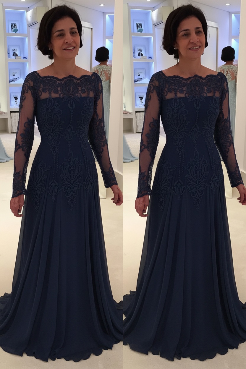 Elegant Floor-Length Lace Long-Sleeves A-line Mother of the Bride Dress 
