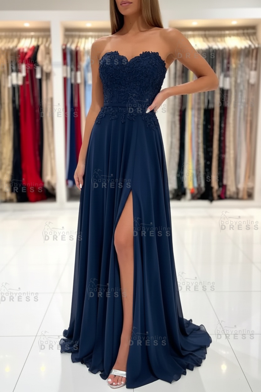 Sweetheart Strapless A-Line Chiffon Floor Length High Split Prom Dress