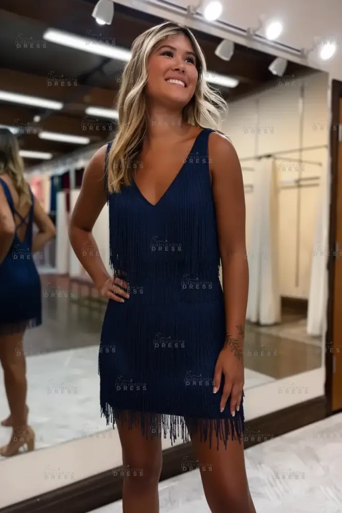 White V-Neck Backless Short Homecoming Dress with Tassels