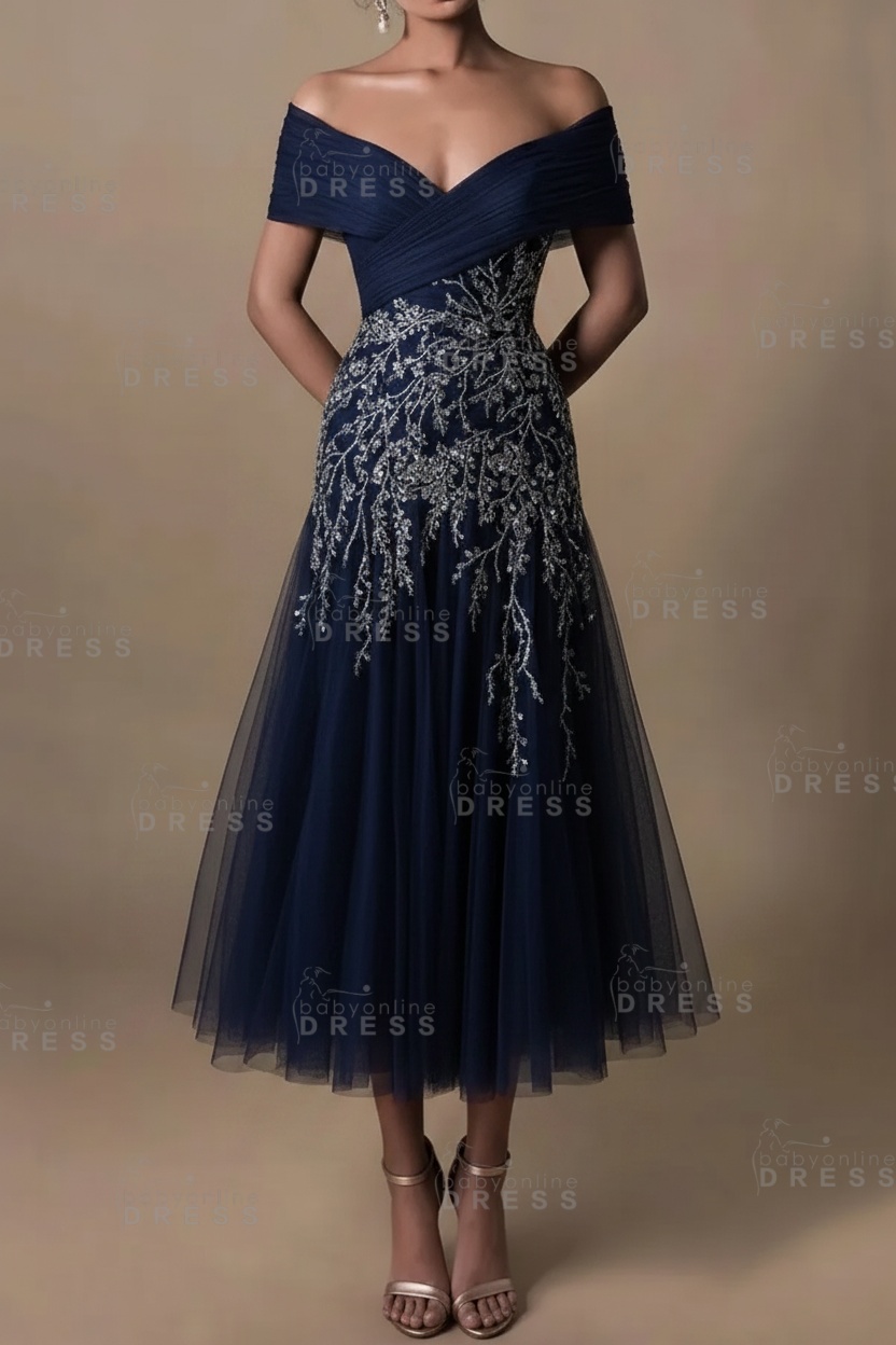 Champagne V-Neck A-Line Tea Length Prom Dress Tulle Mother of the Bride Dress