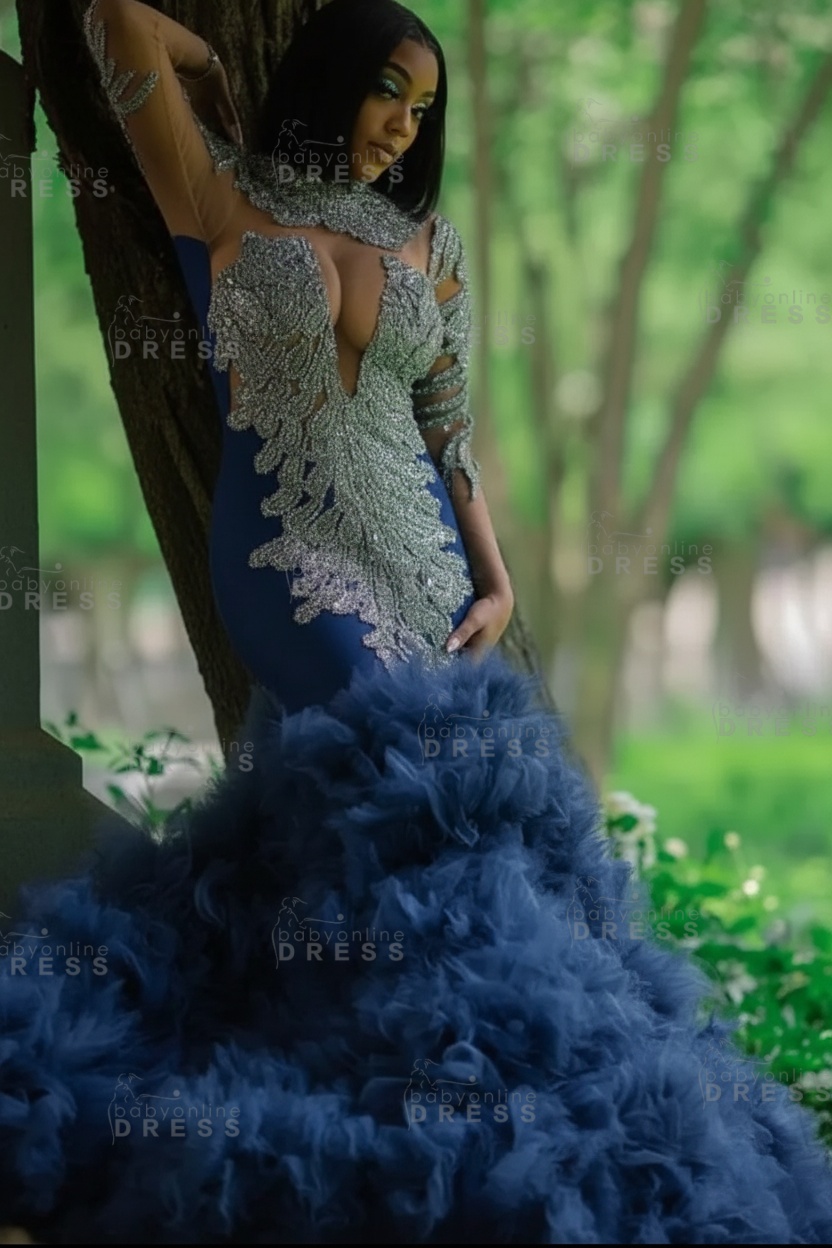 Glamorous Slim Mermaid Evening Gowns with sleeves Beadings Prom Dress