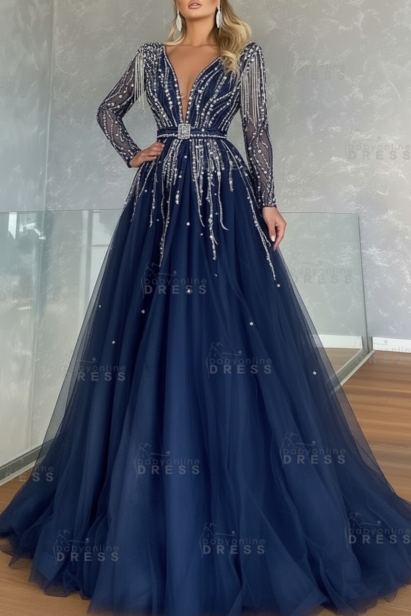 Long Sleeves V-neck Ball Gown A-line Prom Dress with Beadings