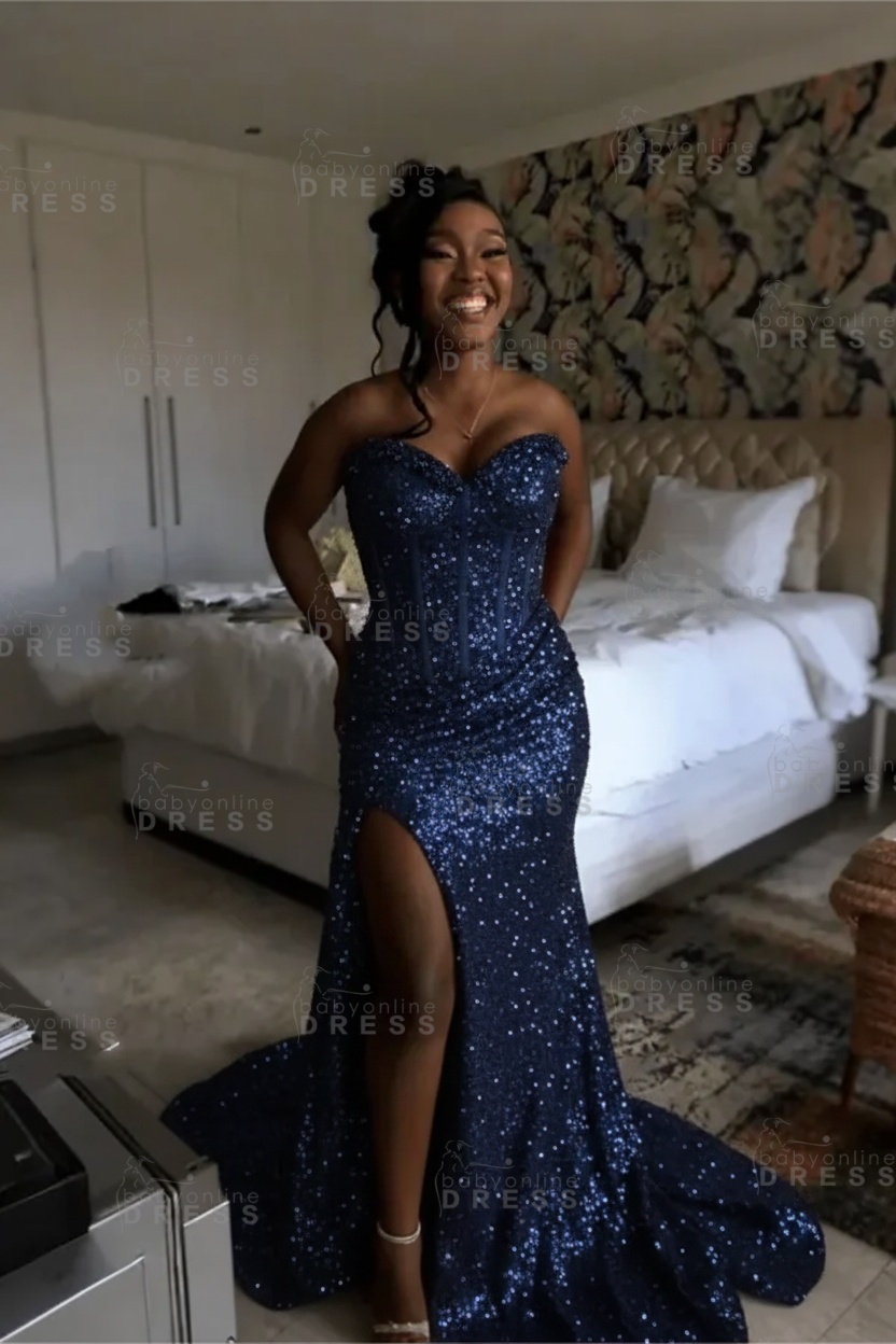 Sexy Orange Mermaid Prom Dress with Sequins High Split Strapless Long Party Dress