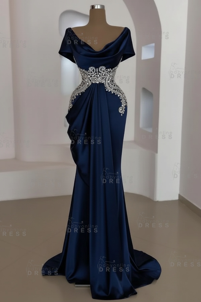 Short sleeves Mermaid Round neck Gray Prom Dresses