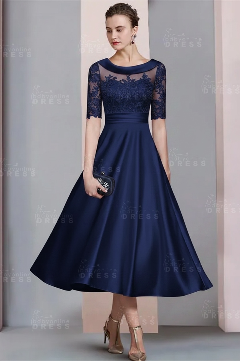 Elegant Ivory Jewel Lace Beading A-Line Tea Length Satin Wedding Guest Dress Formal Mother Dress