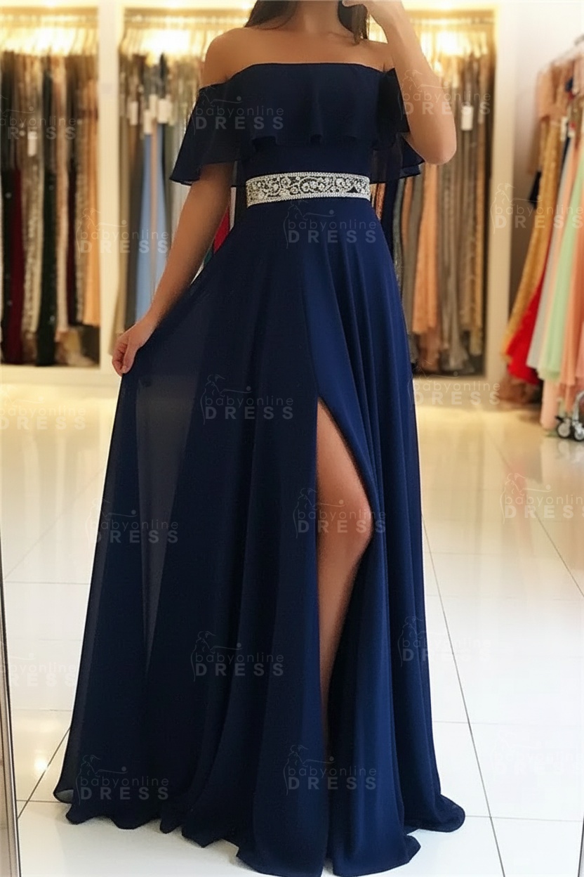 Sky Blue Off The Shoulder Evening Dresses Sexy | Chiffon Side Slit Prom Dress with Crystals Belt