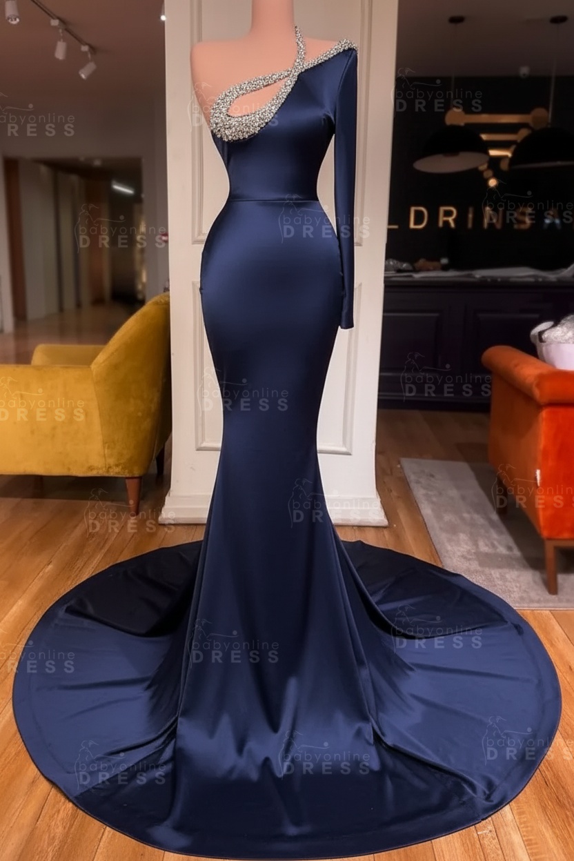 Long sleeves Beaded neckline Black Mermaid Prom Dresses