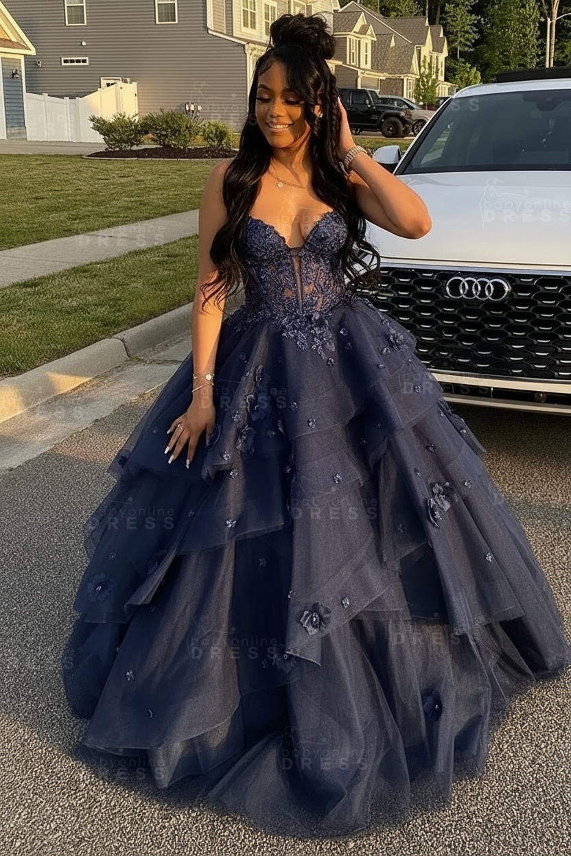 Sleeveless V-Neck Tulle Aline Prom Dress Floral Tiered Ruffles Corset Evening Dress