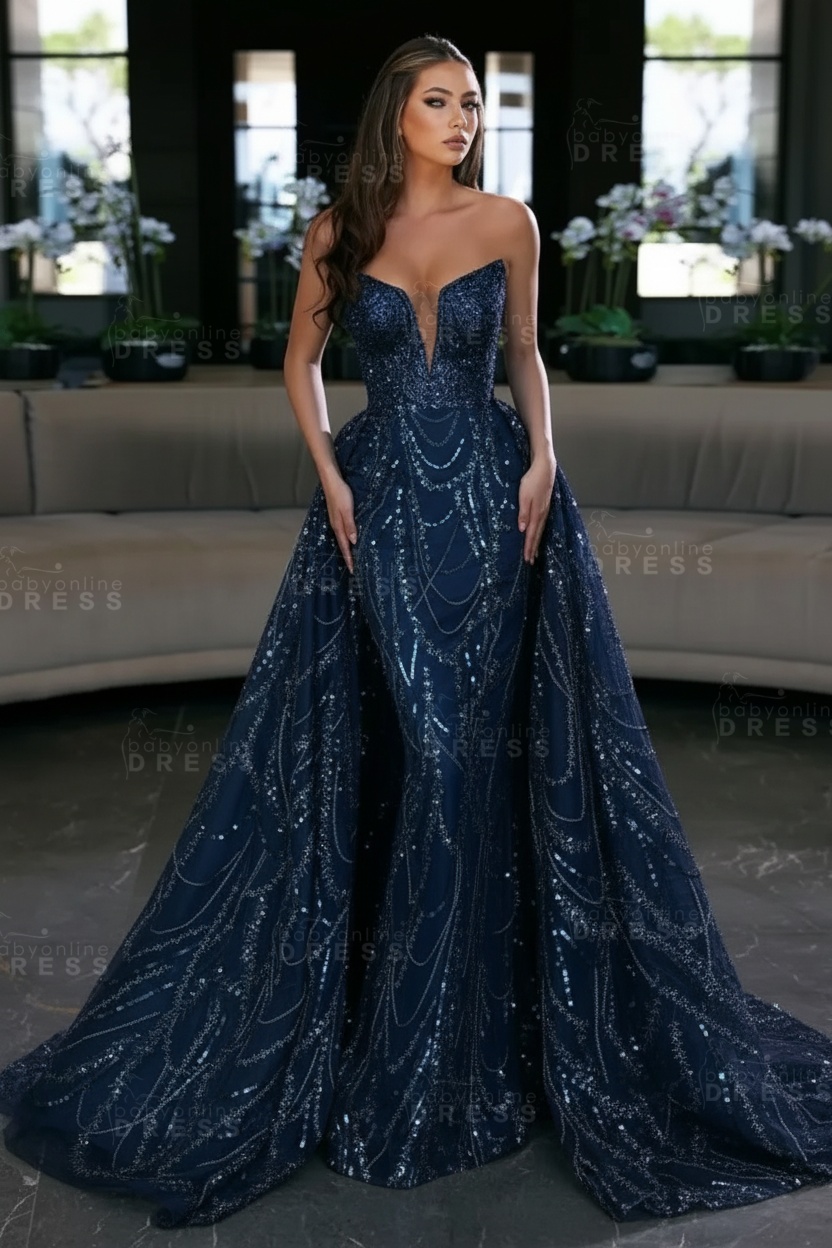 Blue Sequin Mermaid Sweetheart Prom Dresses with Overskirt