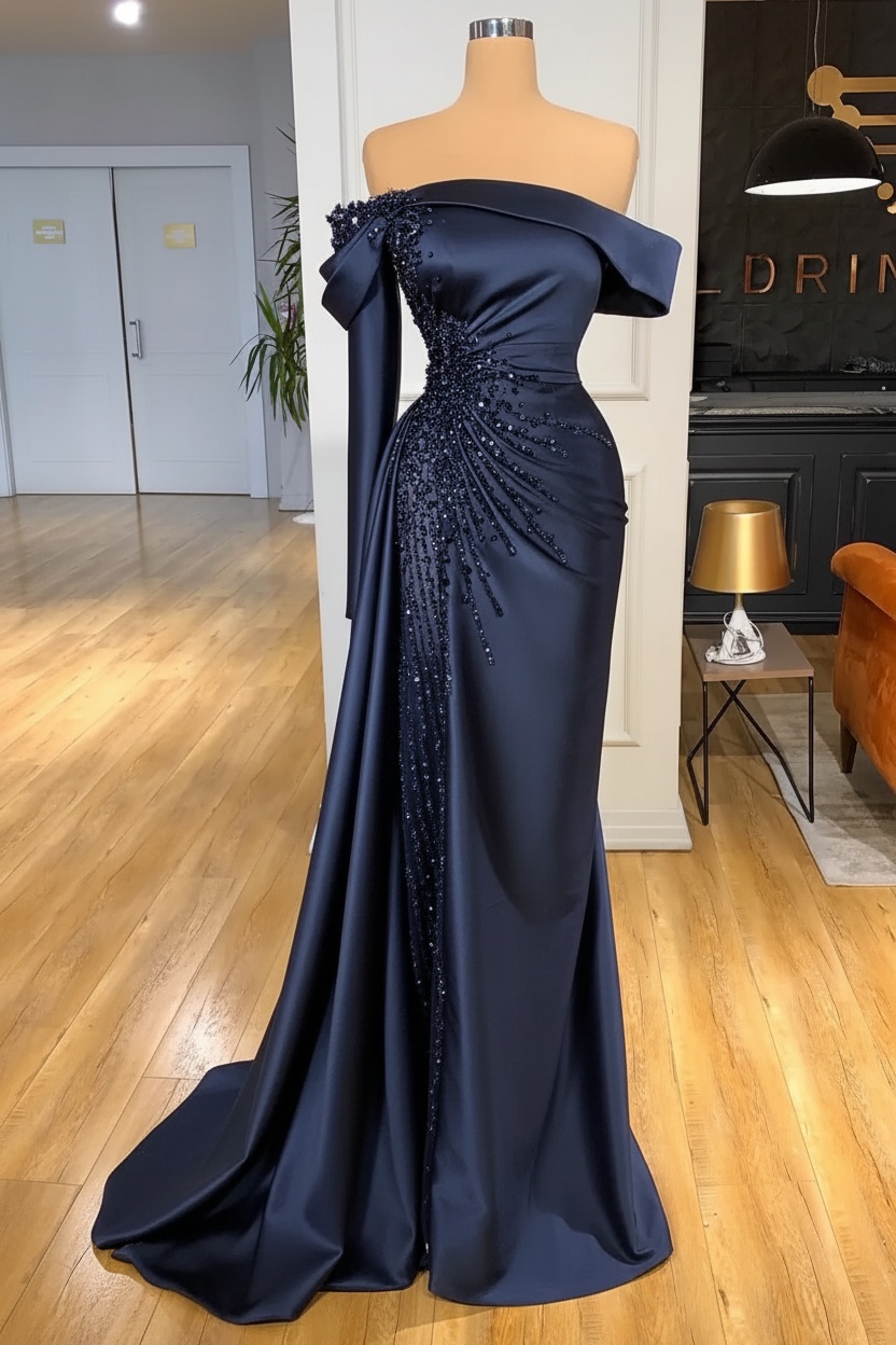 Off-the-Shoulder Satin Floor Length Prom Dress with Side Slit