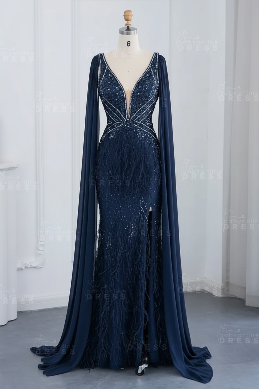 Glamorous V-Neck Fur Beadings Front Slit Mermaid Evening Gowns with Tulle with Cape Sleeves Wedding Party Dress