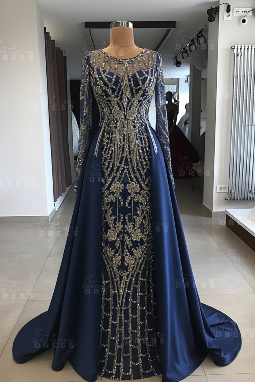 Shining Beaded Long Sleeves Round Neck Prom Dresses With Over Skirt | A Line Evening Gowns